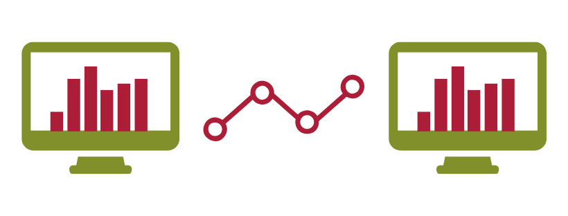 Graphic of two green desktop computer monitors with red bars on the screen. Sandwiched between them is a graphic of a red line graph with a progressively rising line connecting four circles.