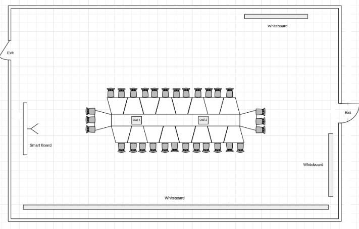 Tables and chairs arranged in a long rectangle for a meeting