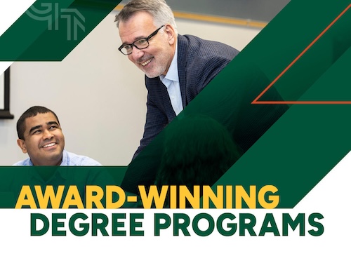 Graphic with Dean Ozerdem smiling with a student and text that reads 