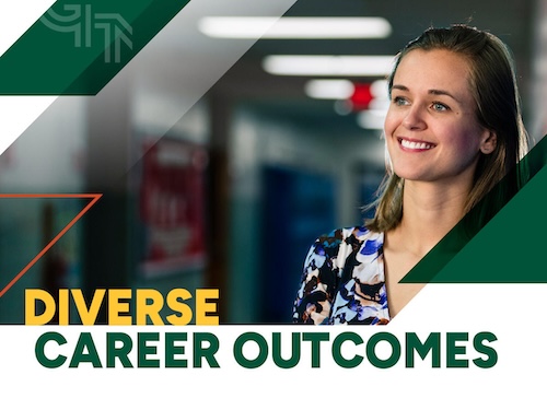 Graphic with photo of a smiling alumna and text that reads 