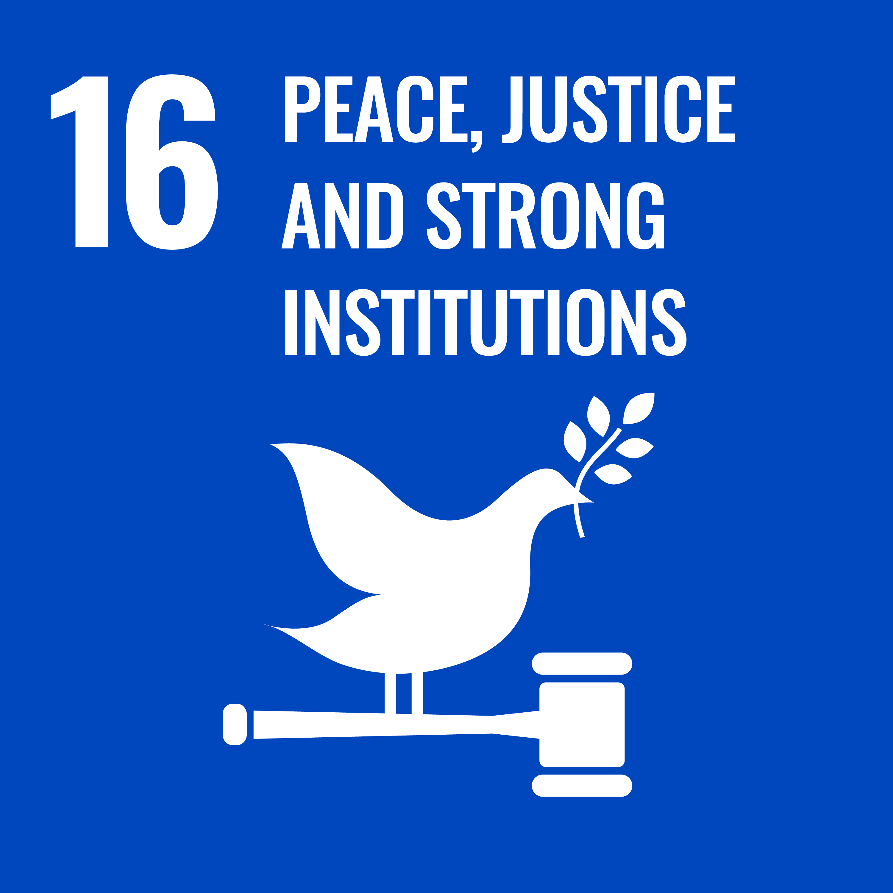 UN Logo for SDG 16 reading "peace, justice, and strong institutions"