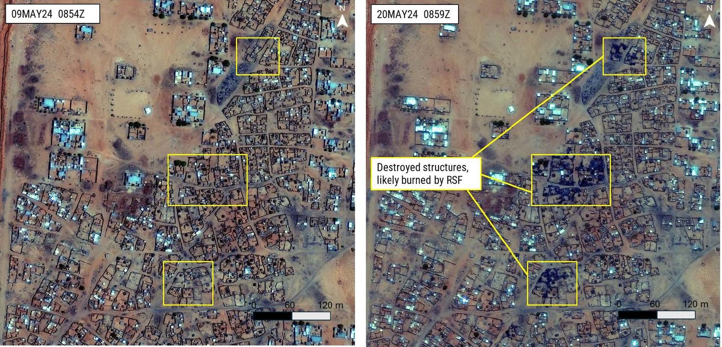 Satellite images of an area of El Fasher in Sudan, comparing before and after blocks of buildings were destroyed.