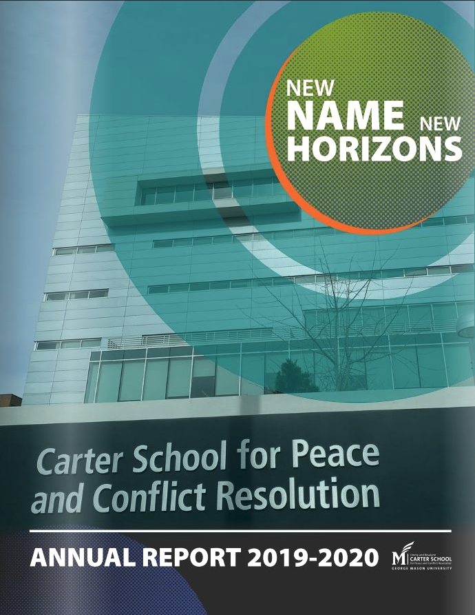 Report cover reads "New Names, New Horizons" and depicts Van Metre Hall with Carter School signage in front